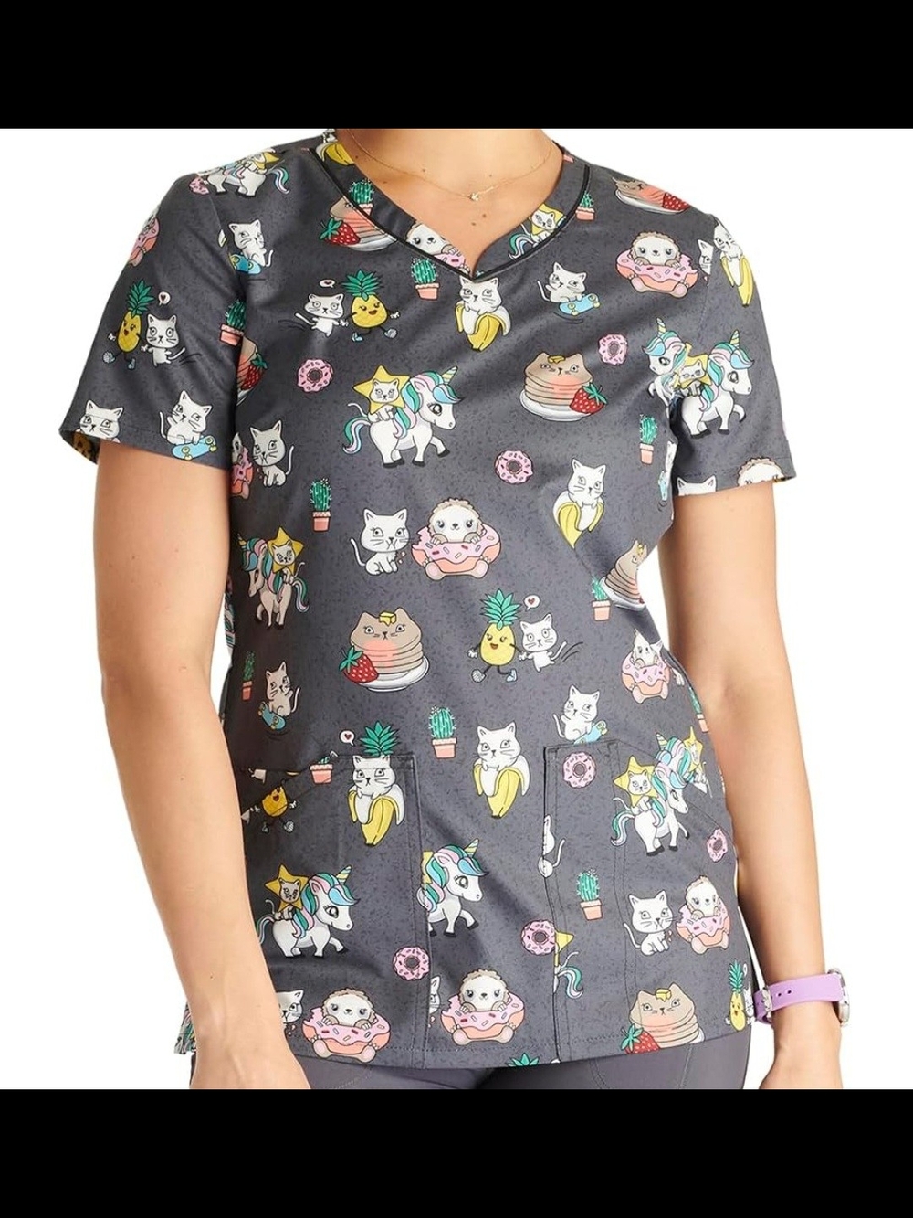 Cherokee Gray Scrub Top with Multicolor Cute Cat & Food Print